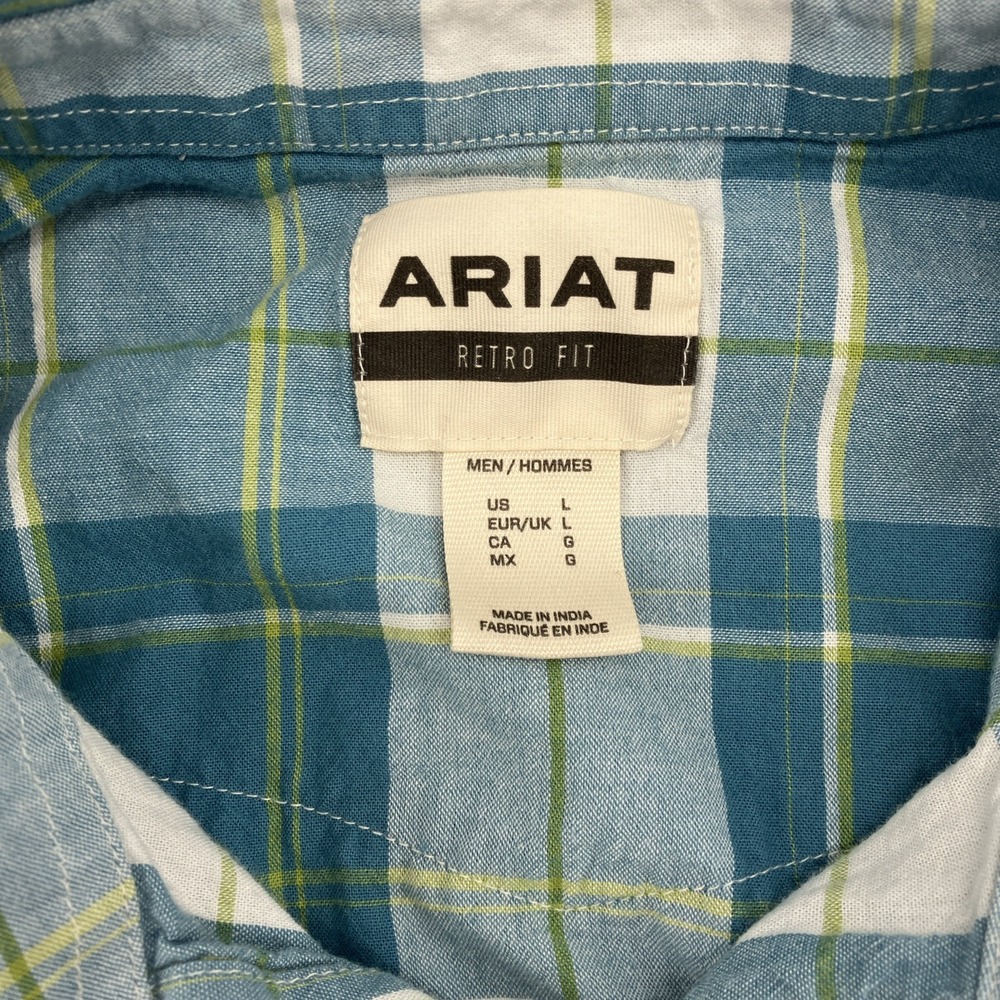 Ariat Harry Retro Fit Short Sleeve Pearl Snap Plaid Shirt Mens Size Large Blue - Picture 3 of 10
